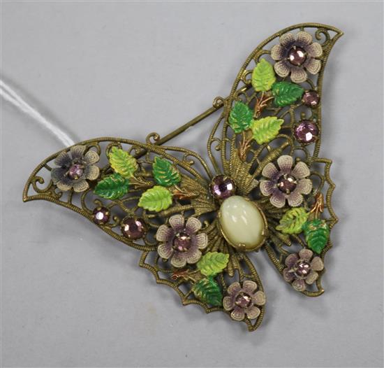 A gilt metal, paste and hardstone set filligree butterfly brooch, width 63mm.